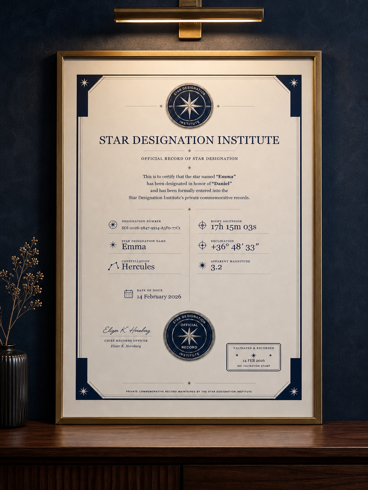 Emma's white and navy star designation certificate in a premium brass frame